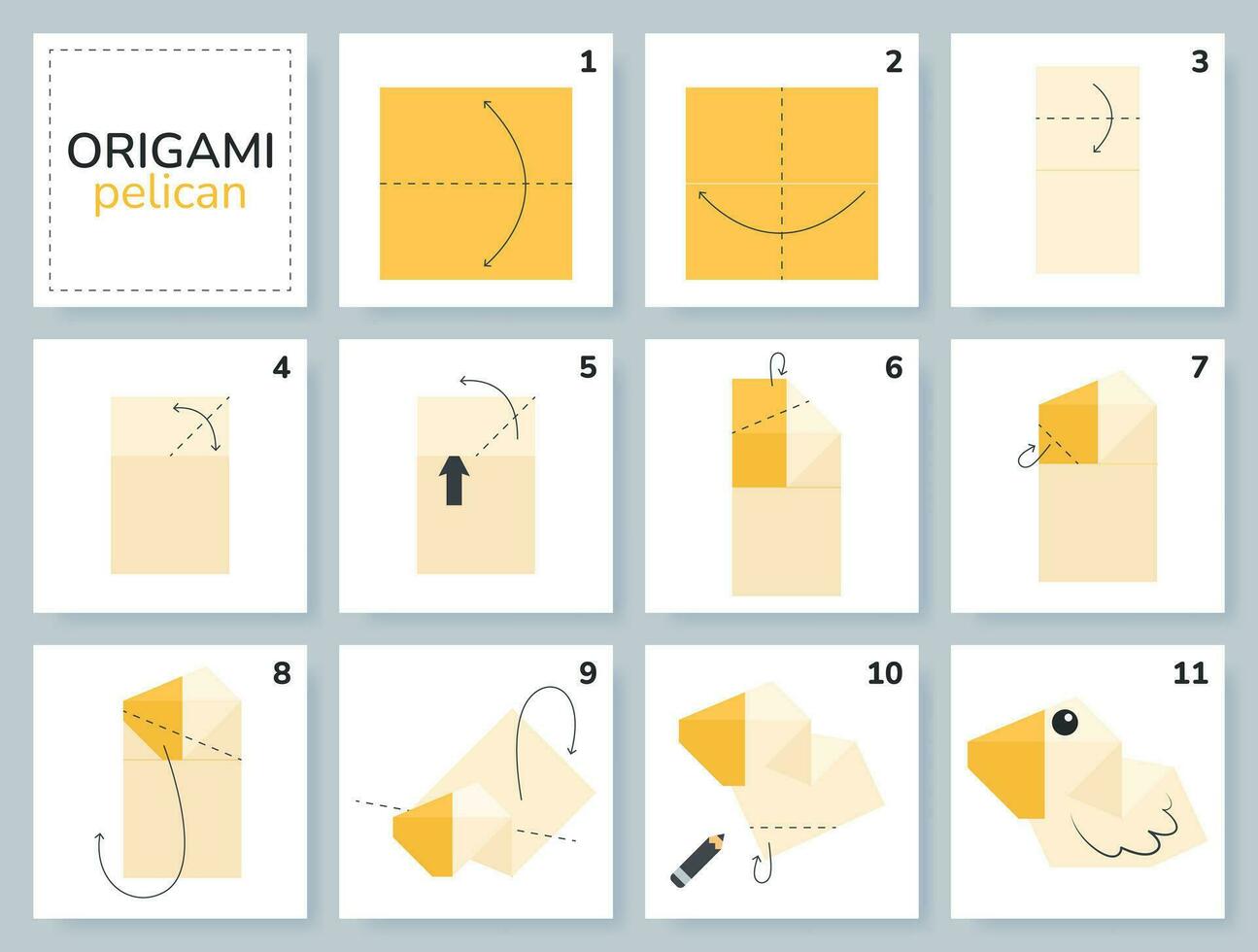 Pelican origami scheme tutorial moving model. Origami for kids. Step by step how to make a cute origami bird. Vector illustration.