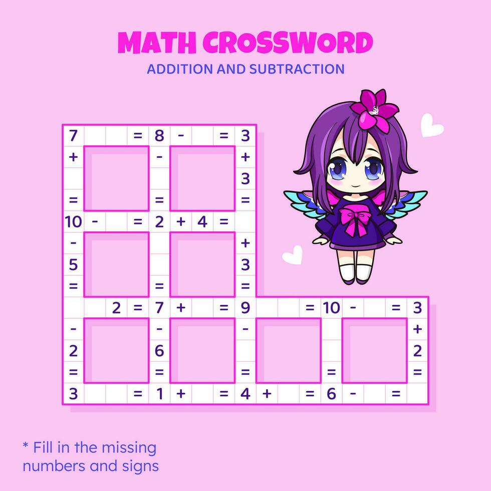 Math Crossword puzzle for kids. Addition and subtraction. Counting up to 10. Game for children. Vector illustration. Colorful crossword with cartoon anime girl. Task, education material for kids.