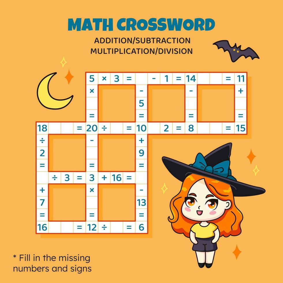 Math Crossword puzzle for children. Addition, subtraction, multiplication and division. Counting up to 20. Vector illustration. Game with cartoon anime girl. Task, education material for kids.