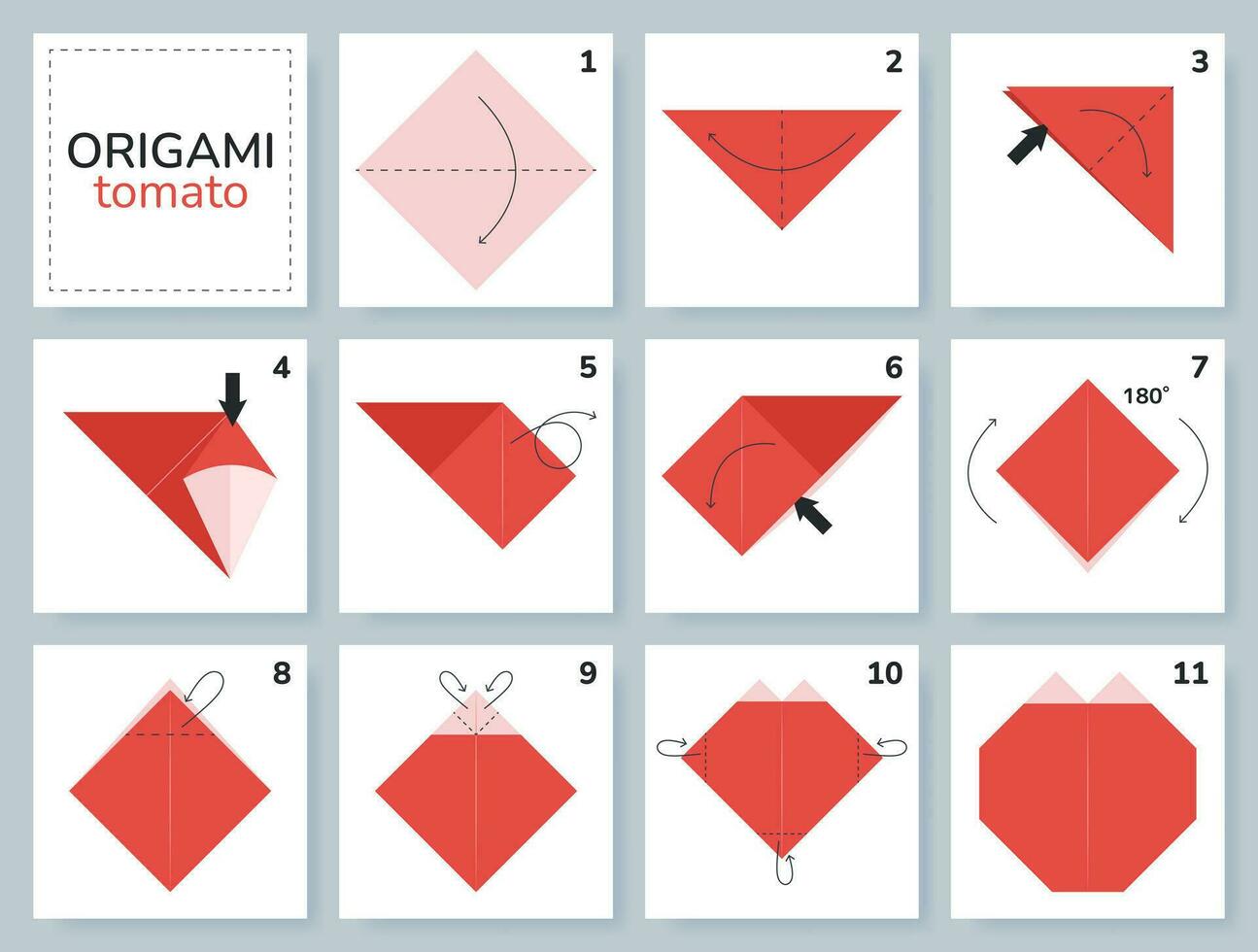 Tomato origami scheme tutorial moving model. Origami for kids. Step by step how to make a cute origami vegetable. Vector illustration.