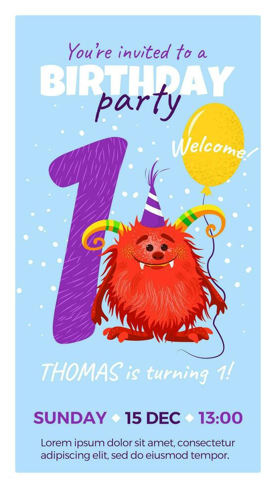 First birthday party invitation with monster, number one, text and balloon. Happy birthday card in flat cartoon style. Vector illustration. All objects are isolated.