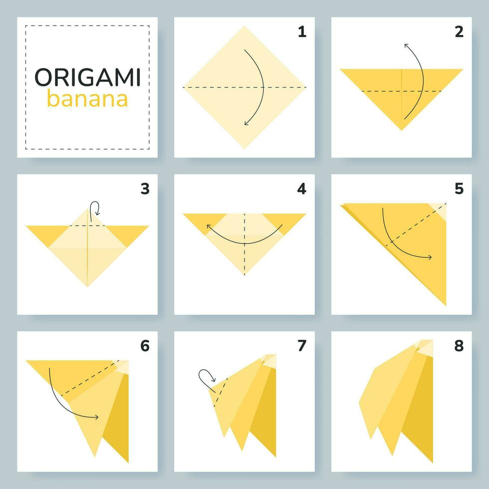 Bananas origami scheme tutorial moving model. Origami for kids. Step by step how to make a cute origami banana. Vector illustration.