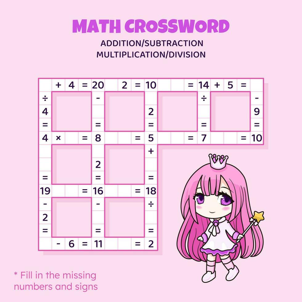 Math Crossword puzzle for children. Addition, subtraction, multiplication and division. Counting up to 20. Vector illustration. Game with cartoon anime girl. Task, education material for kids.