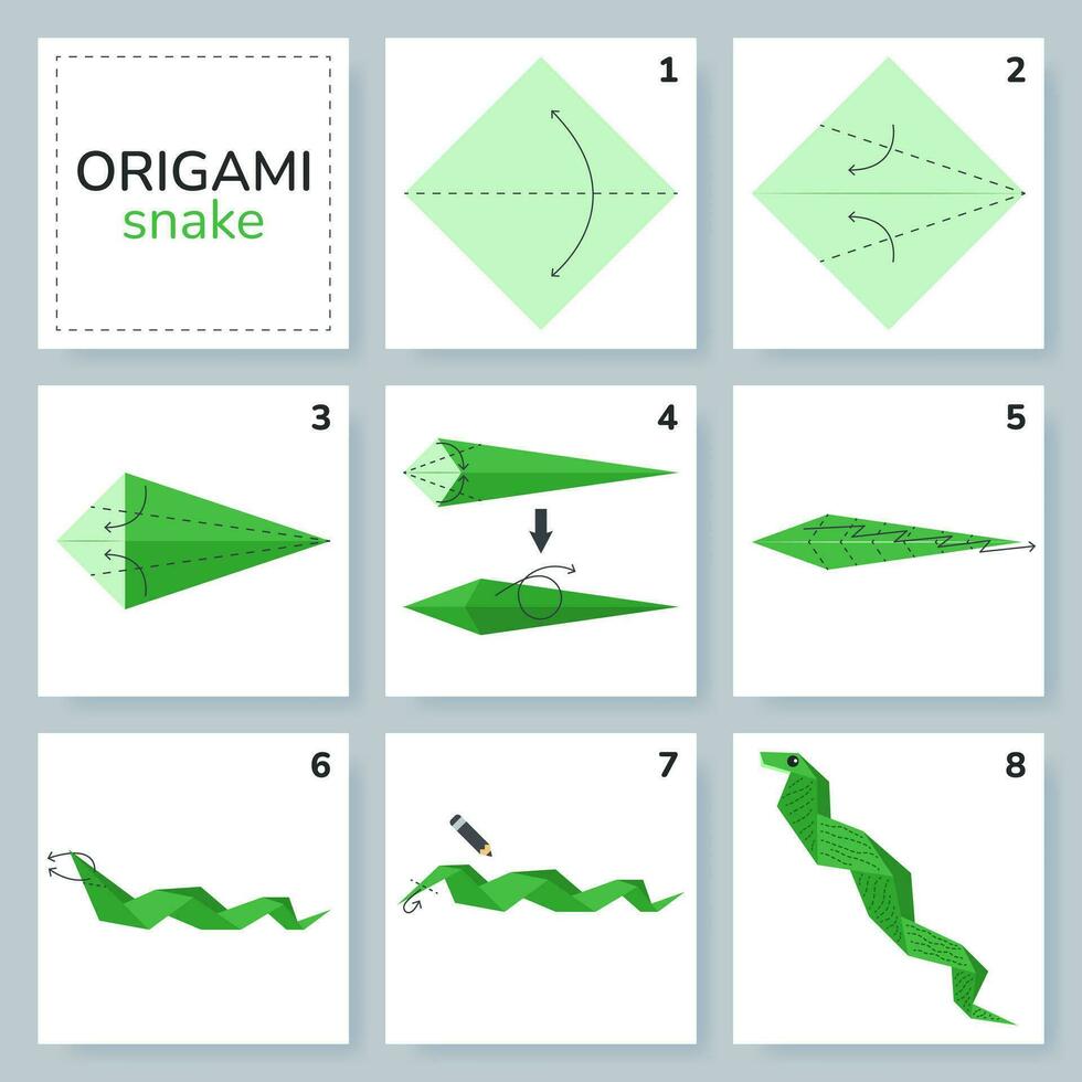Snake origami scheme tutorial moving model. Origami for kids. Step by step how to make a cute origami reptile. Vector illustration.