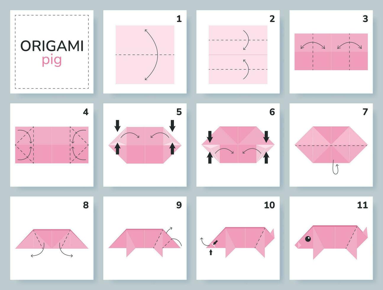 Pig origami scheme tutorial moving model. Origami for kids. Step by step how to make a cute origami farm animal. Vector illustration.