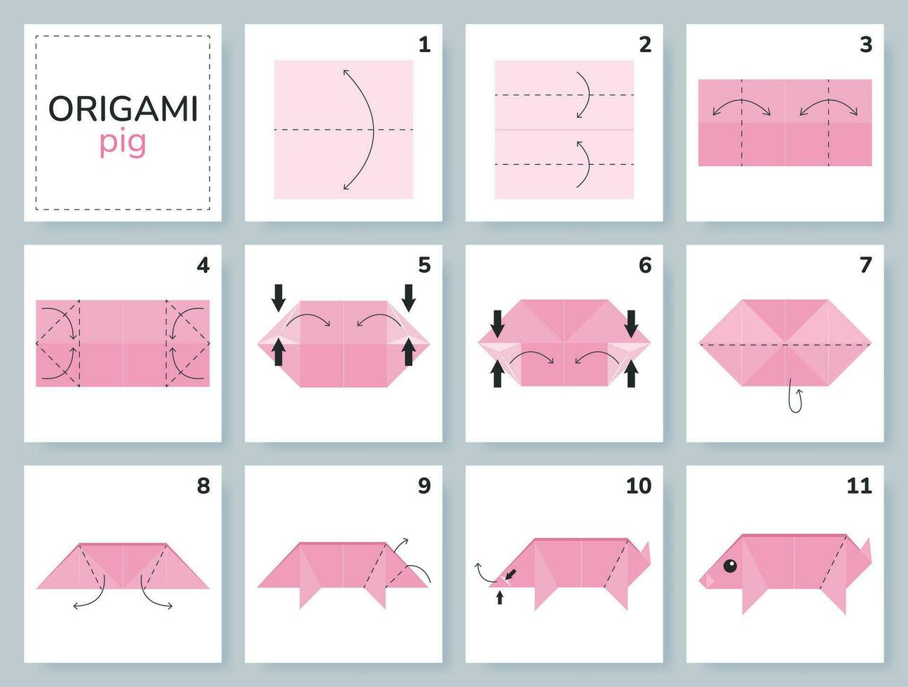 cerdo origami esquema tutorial Moviente modelo. origami para niños. paso por paso cómo a hacer un linda origami granja animal. vector ilustración.