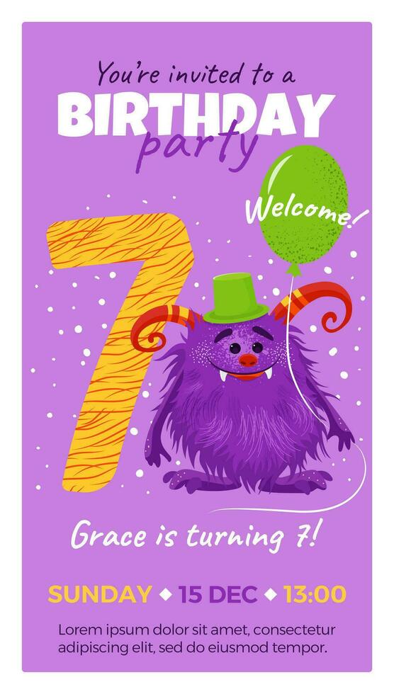 Seventh birthday party invitation with monster, number seven, text and balloon. Happy birthday card in flat cartoon style. Vector illustration. All objects are isolated.