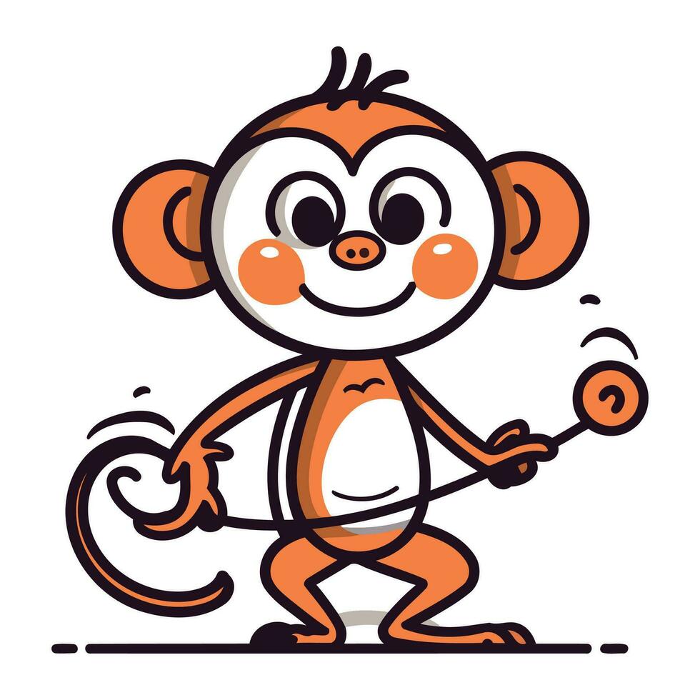 Cute cartoon monkey with a toy bike. Vector illustration isolated on white background.