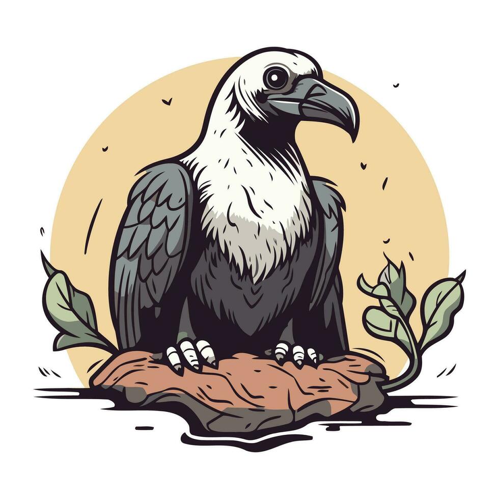 Eagle sitting on a rock. Vector illustration in cartoon style.
