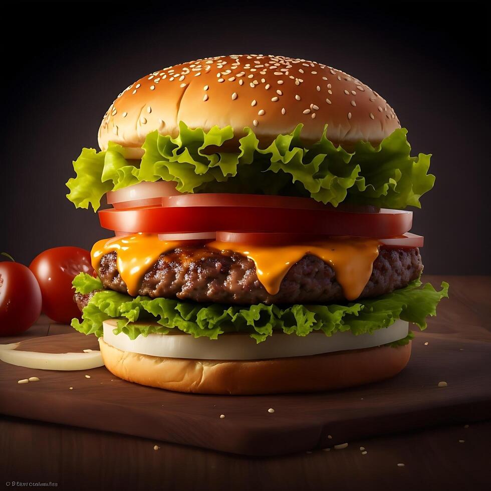 burger with beef, chicken red onion, tomato and fried bacon. photo
