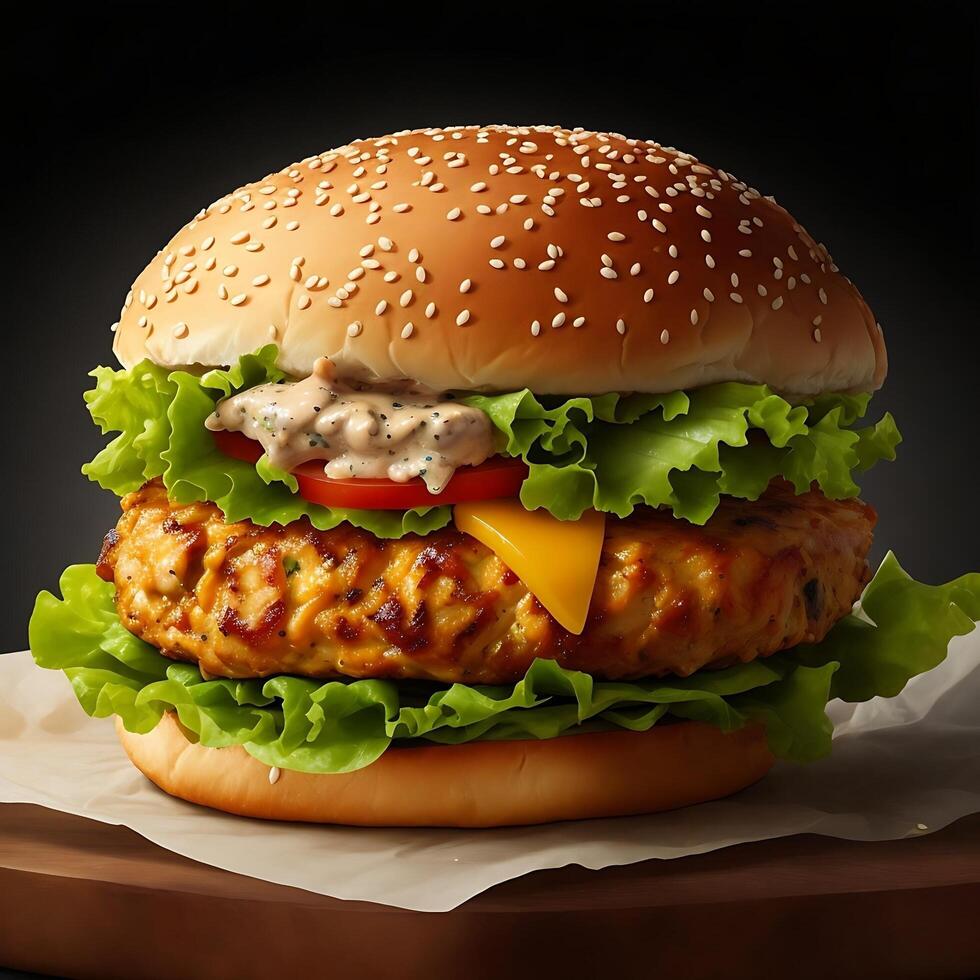 burger with beef, chicken red onion, tomato and fried bacon. photo