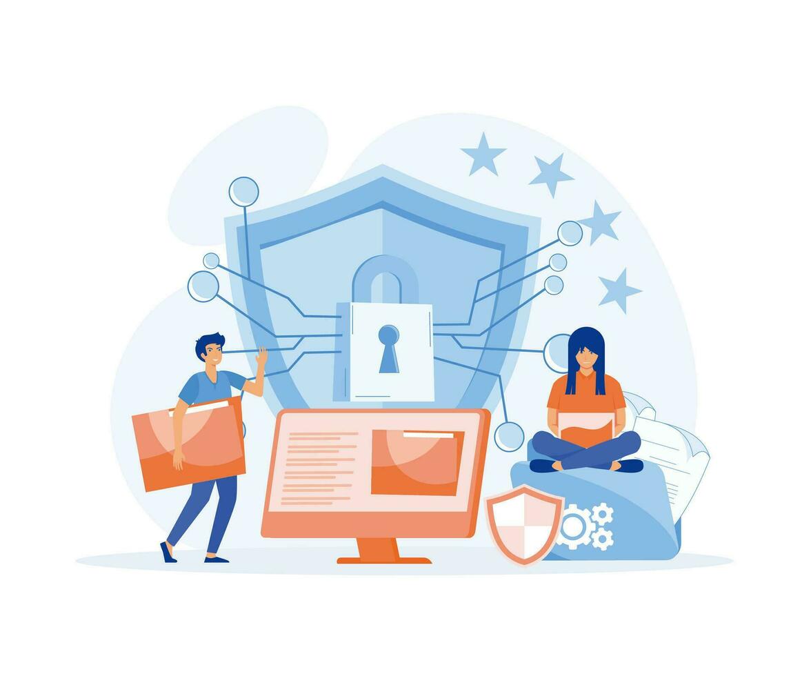 people protecting business data and legal information, General privacy regulation for protection of personal data. GDPR and privacy politics, flat vector modern illustration