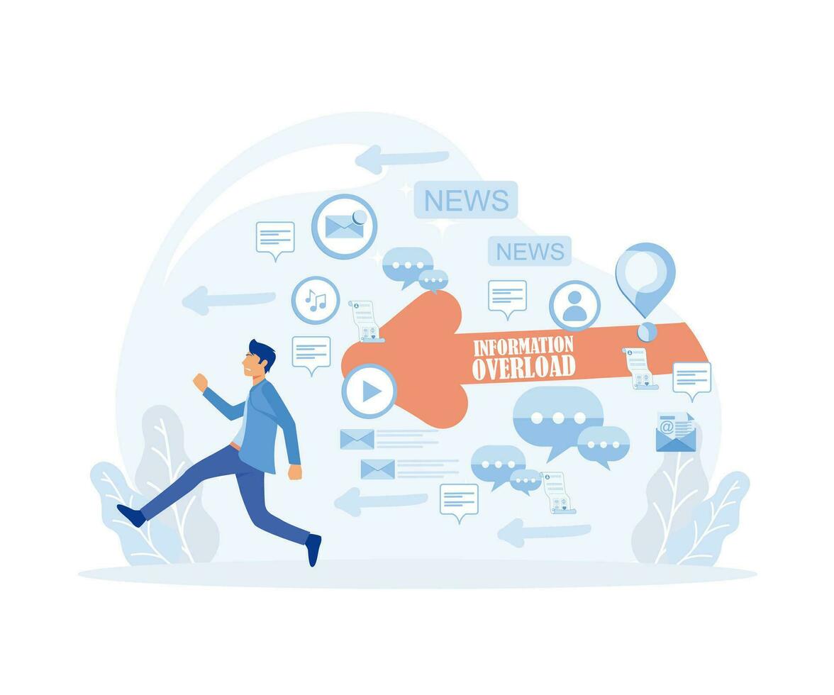 Input overloading. Information overload concept. Young man running away from information stream. flat vector modern illustration