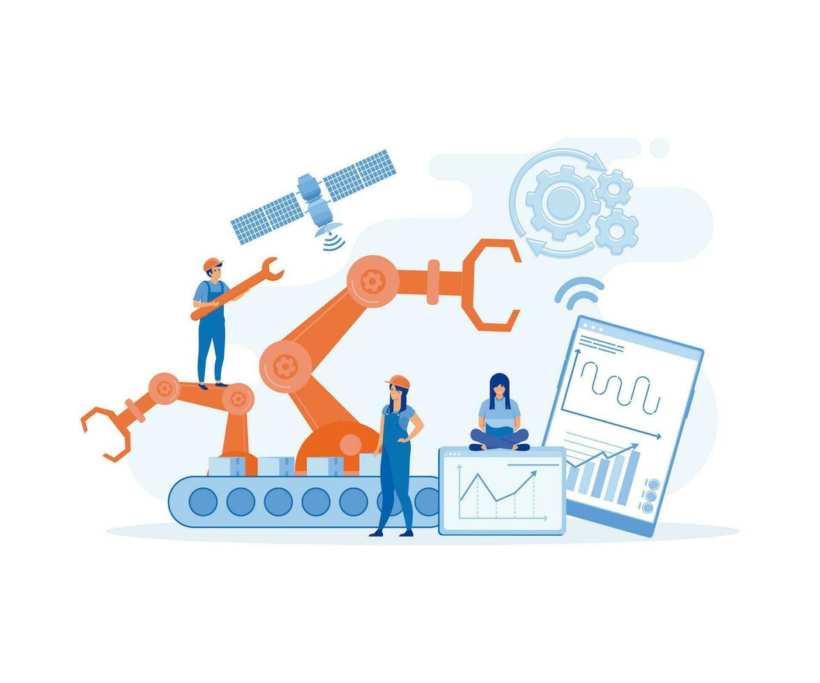 a production line with workers, automation and user interface, user connecting with a tablet and sharing data with a cyber-physical system, flat vector modern illustration