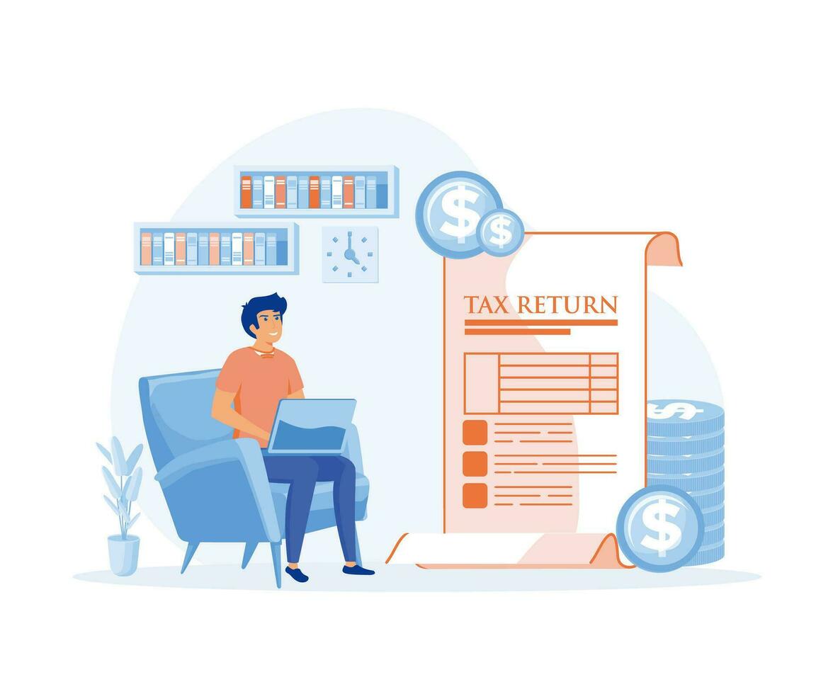 Tax Return Concept. Businessman Character Sitting at Workplace Desk with Computer near Huge Taxation Refund Document, flat vector modern illustration
