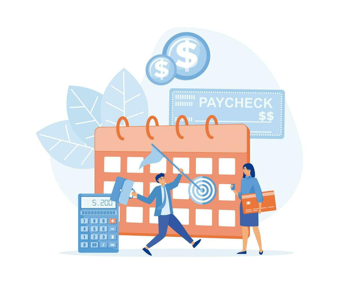 Calendar with payday, calculator and tiny business people getting a paycheck, payroll software concept, flat vector modern illustration