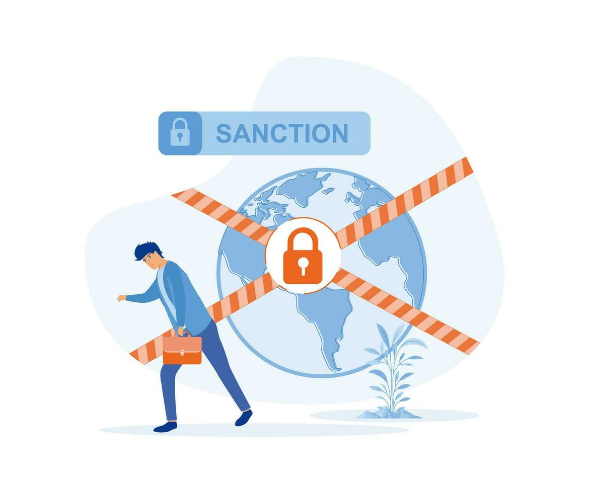 World economic sanctions, force country to obey international law by limit or stop trading. planet earth with prohibited tape with word sanctions. flat vector modern illustration