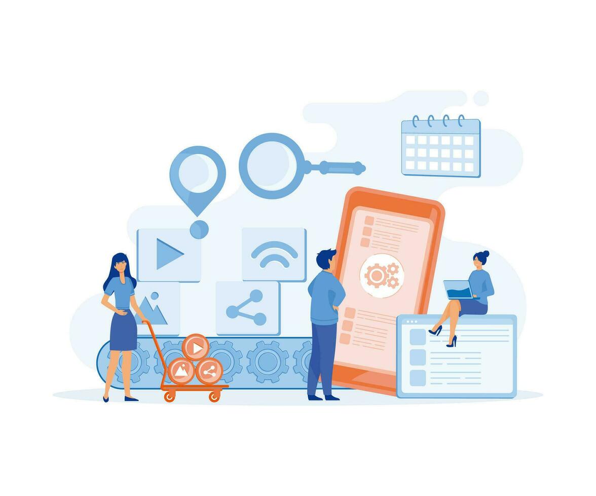 a production line with workers, automation and user interface concept. connecting, loading a smartphone and sharing media data with a system, flat vector modern illustration