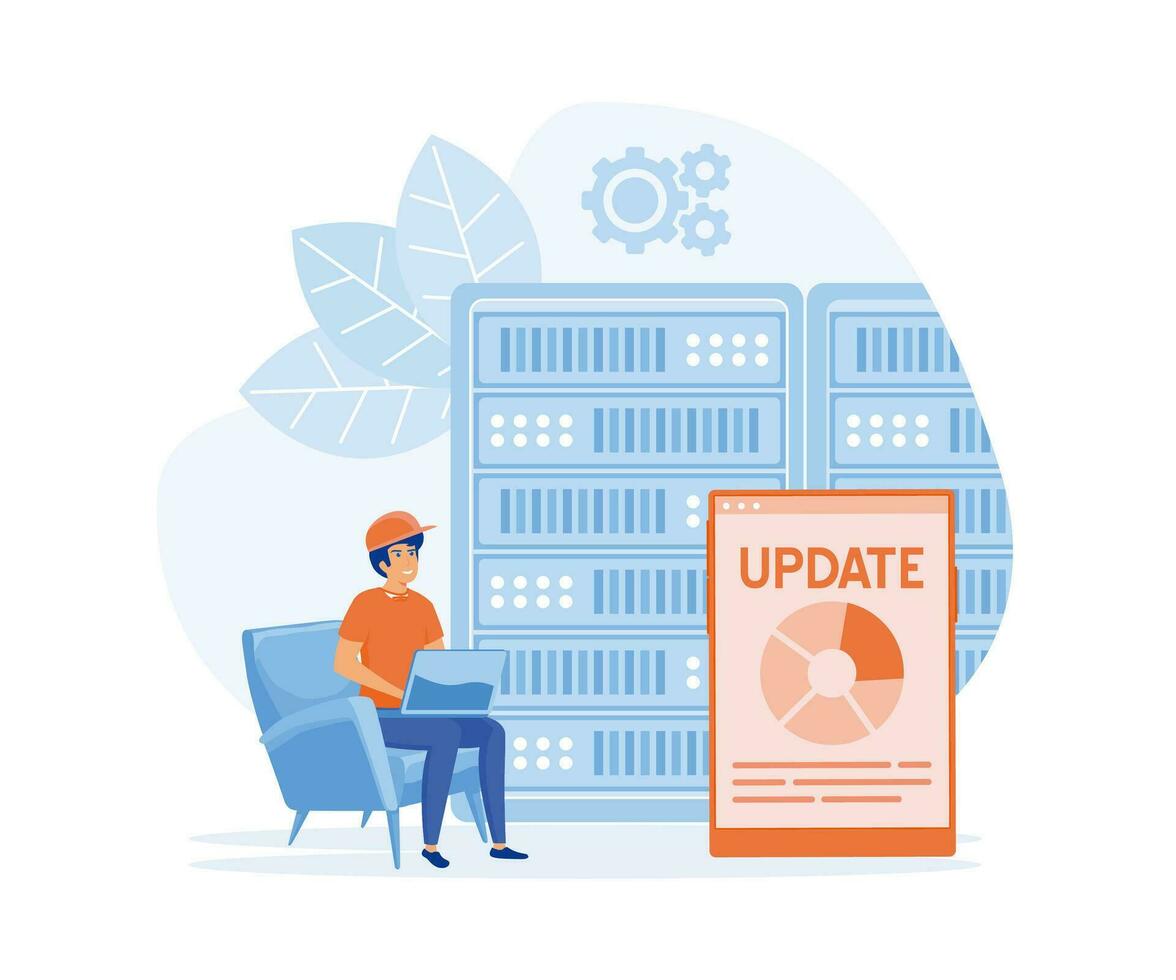 Server maintenance concept, Man working at server rack hardware room, updates and optimization computer systems, flat vector modern illustration