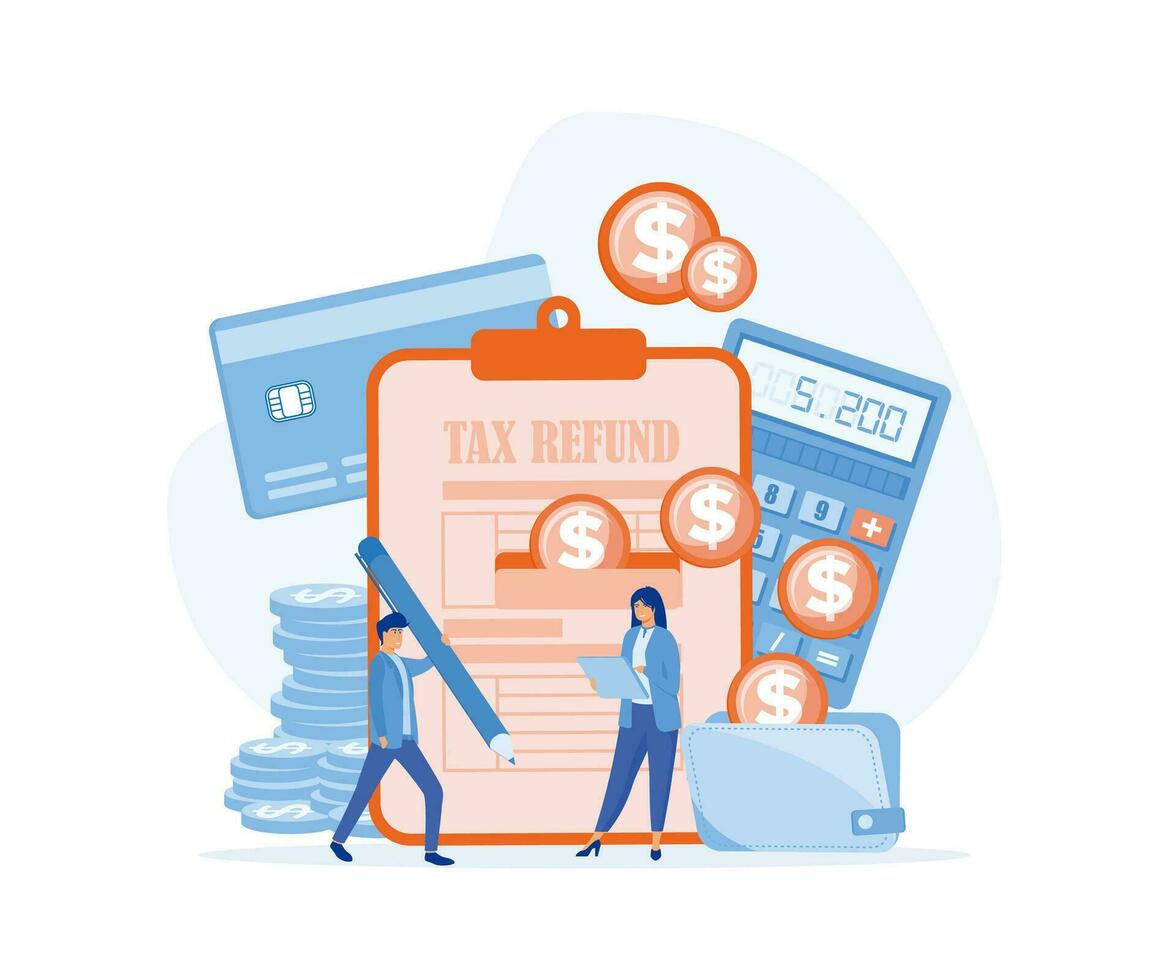 Tax optimization, deduction and refund. characters making tax refund. Concept of accounting, payment, financial bill, flat vector modern illustration