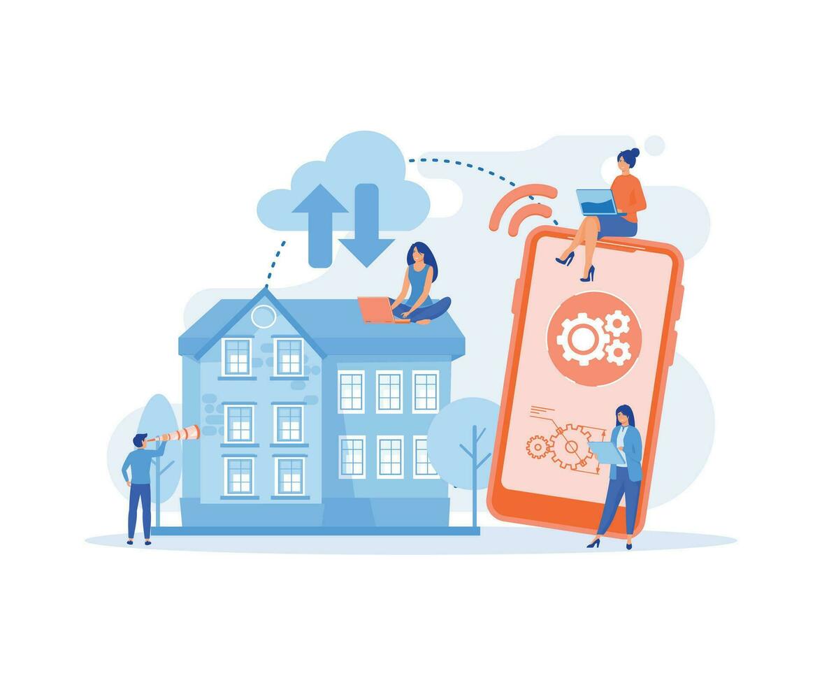 smart home concept, internet wi-fi, data transfer, communication, connecting apartment buildings to the internet, flat vector modern illustration
