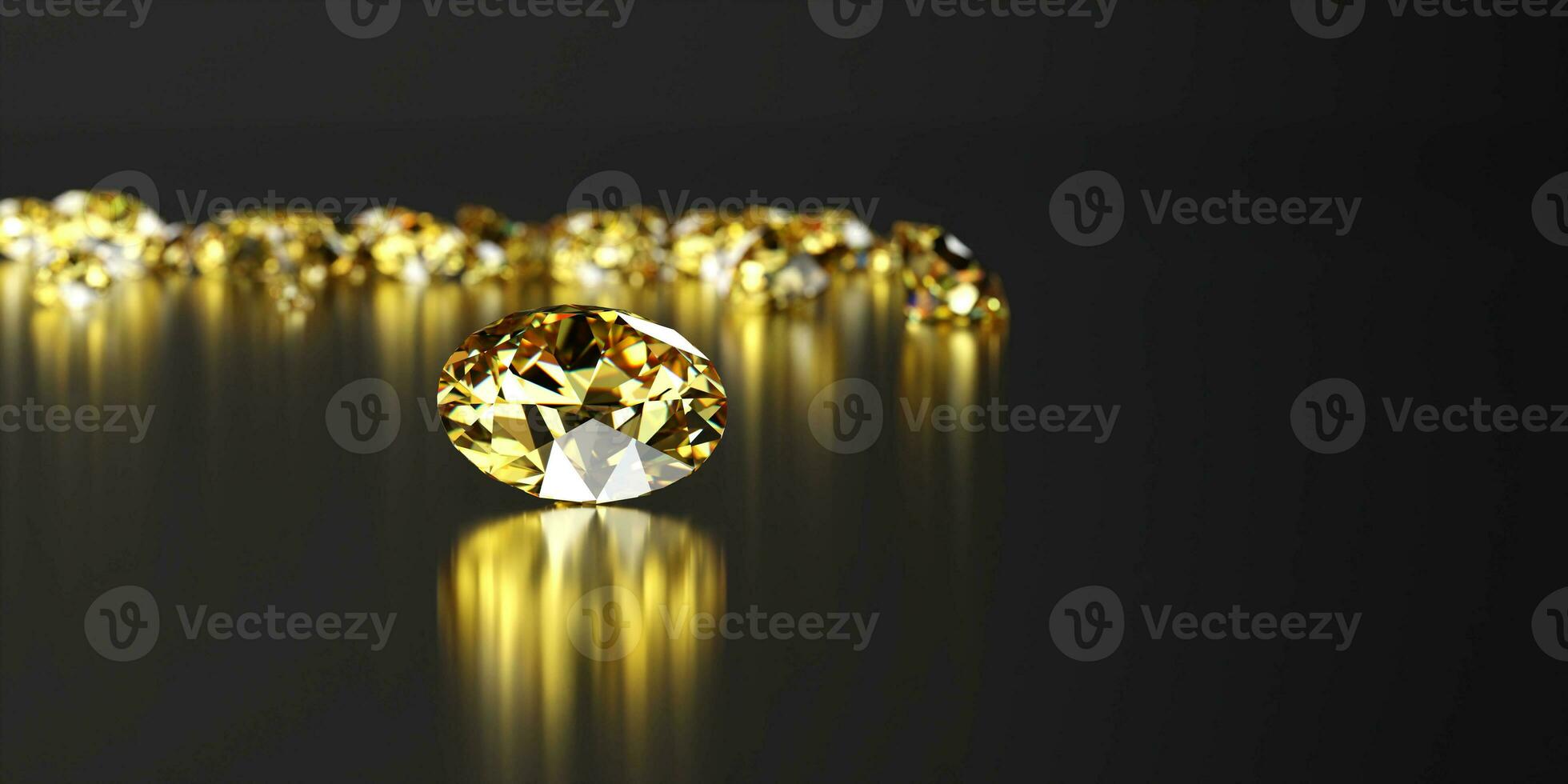 Round yellow diamond topaz Gem reflected placed on dark reflection background 3d rendering soft focus photo