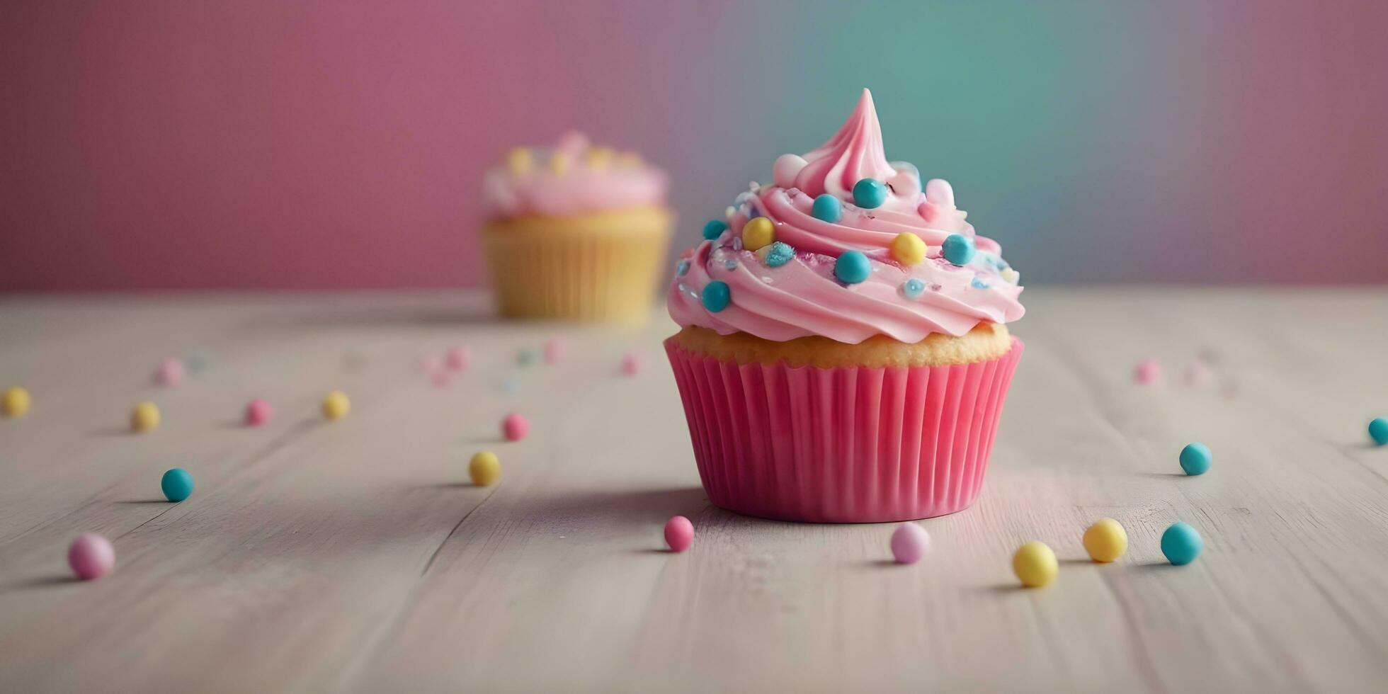 A cute homemade cupcake with pink icing and multicolor decoration ai generated photo