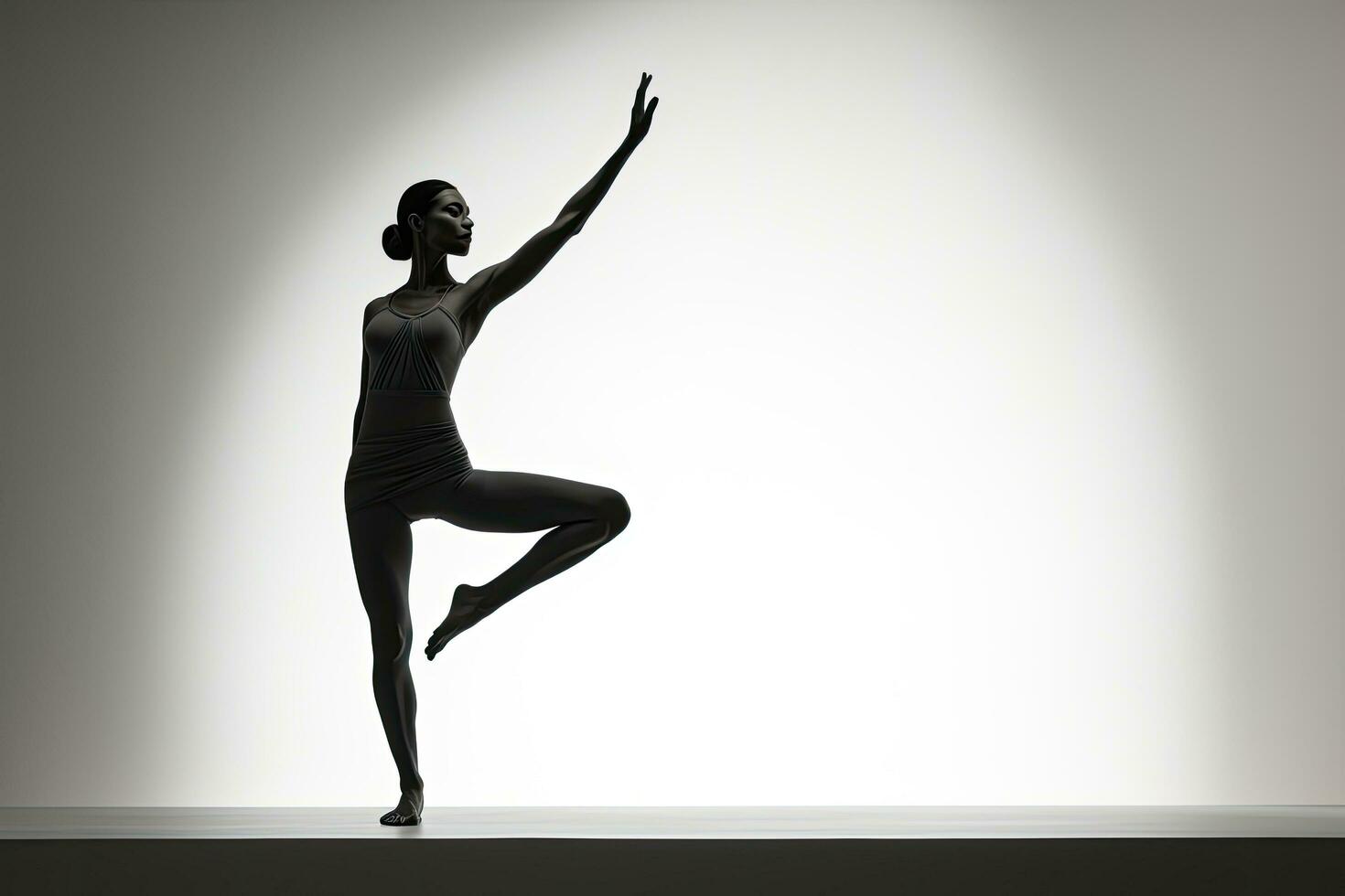 Silhouette of a female ballet dancer posing on a studio background, Young woman practicing yoga in the Natarajasana position, rear side view, no face revealed, no deformation, AI Generated photo