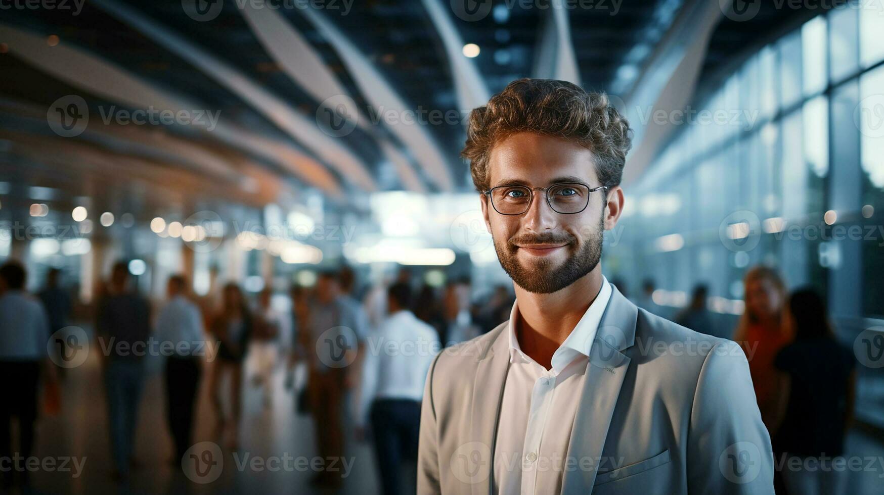 joven exitoso empresario emprendedor mirando a cámara, sonriente dentro moderno oficina edificio. con borroso antecedentes de un moderno oficina habitación. para publicidad y negocio concepto. generativo ai foto