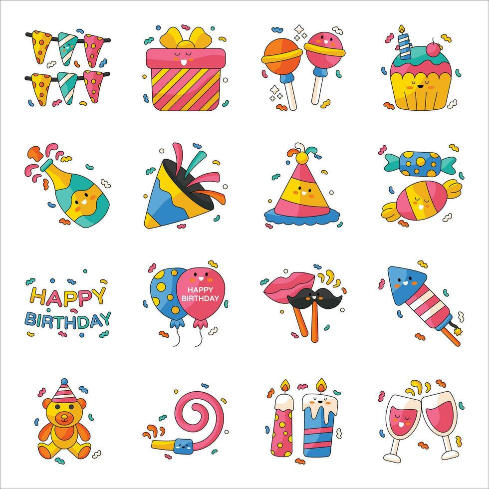 Birthday Cute Vector Stickers set