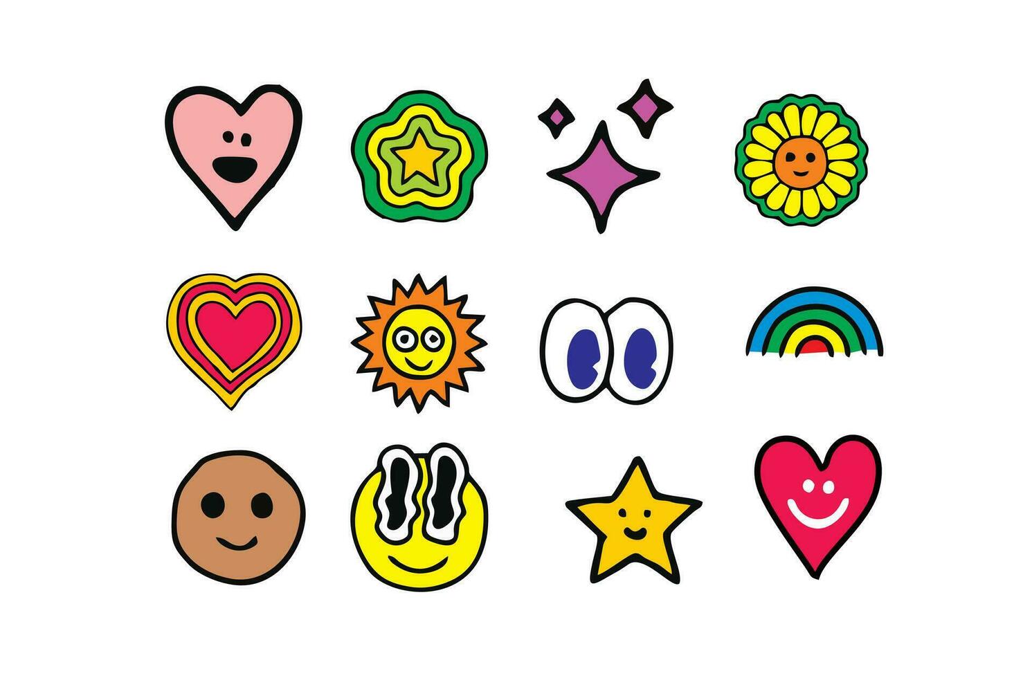 cute stickers, shaped like eyes, hearts, stars, rainbows and suns vector