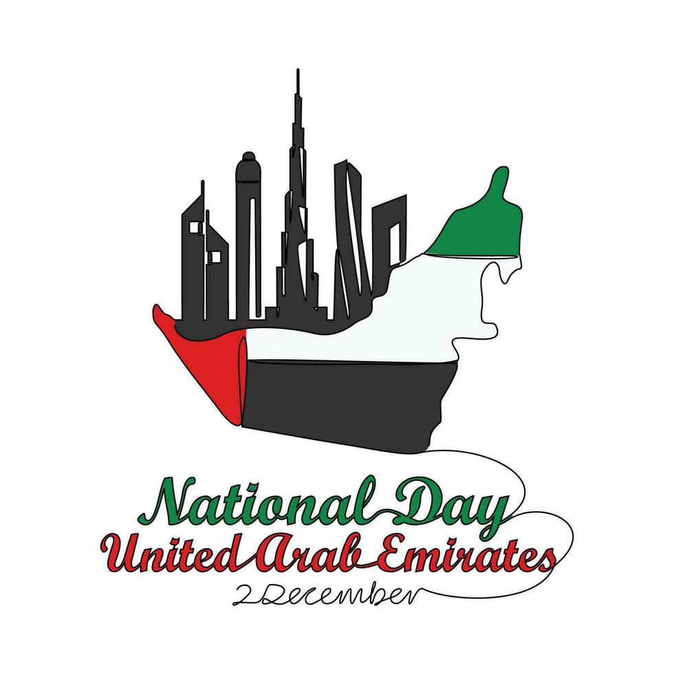 One continuous line drawing of UAE National Days on December 2nd. UAE National Days design in simple linear style illustration. Suitable for greeting card, poster and banner. Patriotic design concept. vector