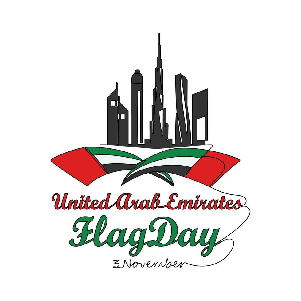 One continuous line drawing of UAE Flag Days on November 3rd. UAE Flag Days design in simple linear style illustration. Suitable for greeting card, poster and banner. Patriotic design concept. vector