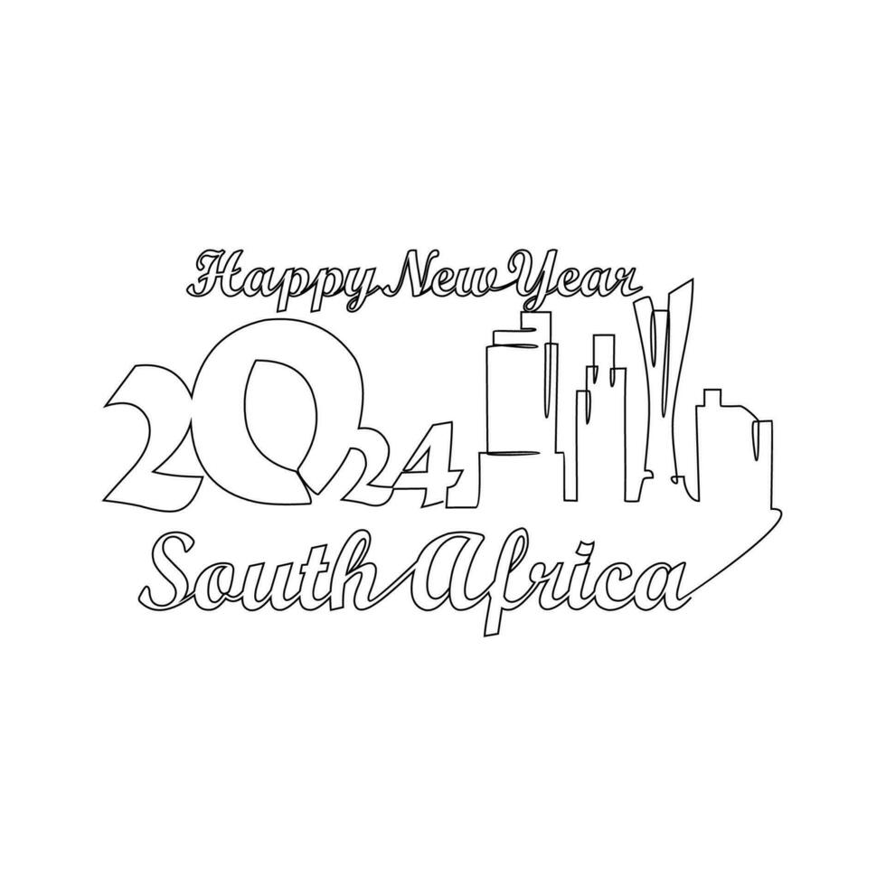 One continuous line drawing of Happy New Year in South Africa. New Year Design with South Africa skyline in simple linear style vector illustration. Suitable for greeting card, poster and banner.