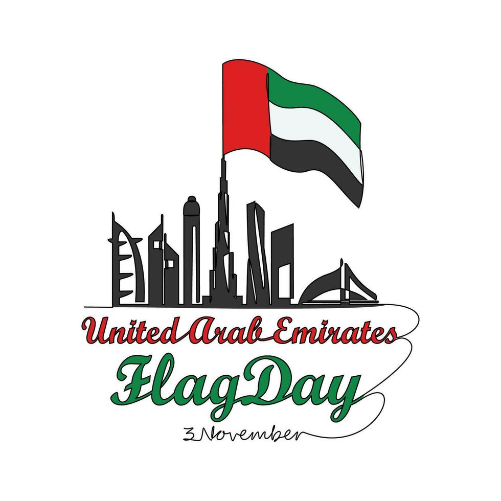 One continuous line drawing of UAE Flag Days on November 3rd. UAE Flag Days design in simple linear style illustration. Suitable for greeting card, poster and banner. Patriotic design concept. vector