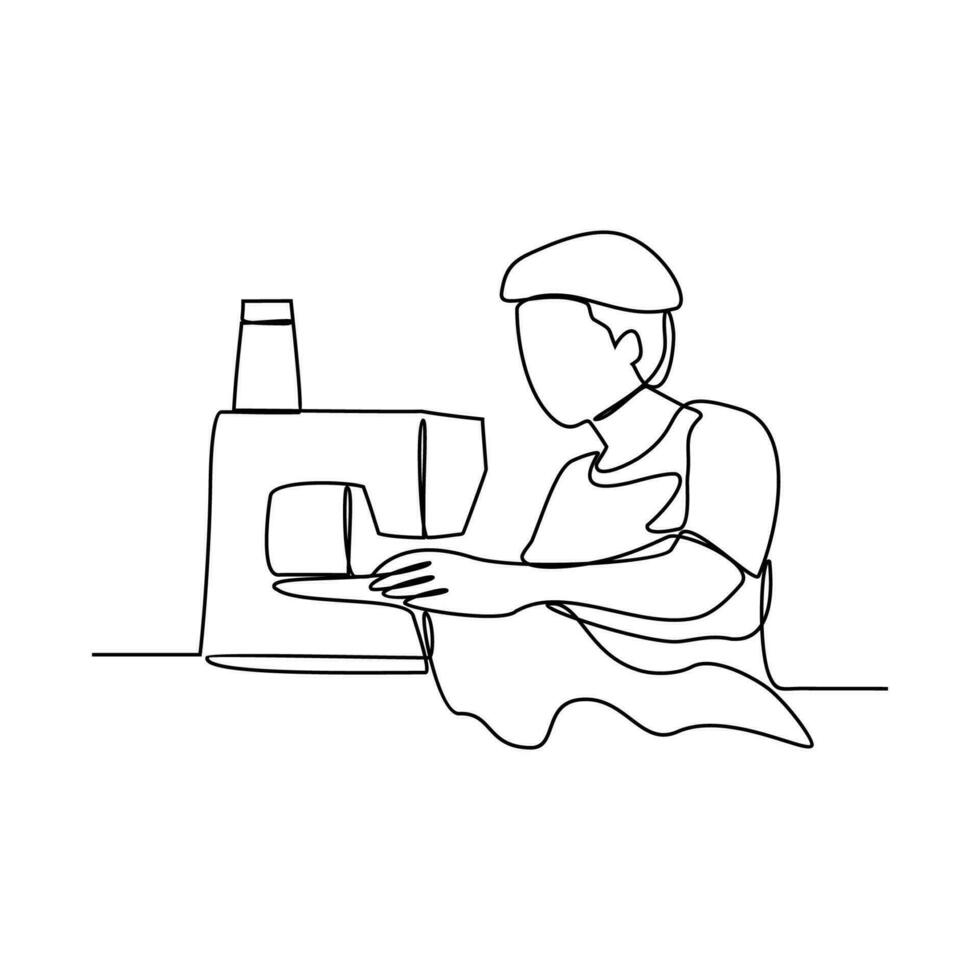 One continuous line drawing of clothing factory working activity with white background. clothing factory working activity design in simple linear style. clothing factory working people design concept vector