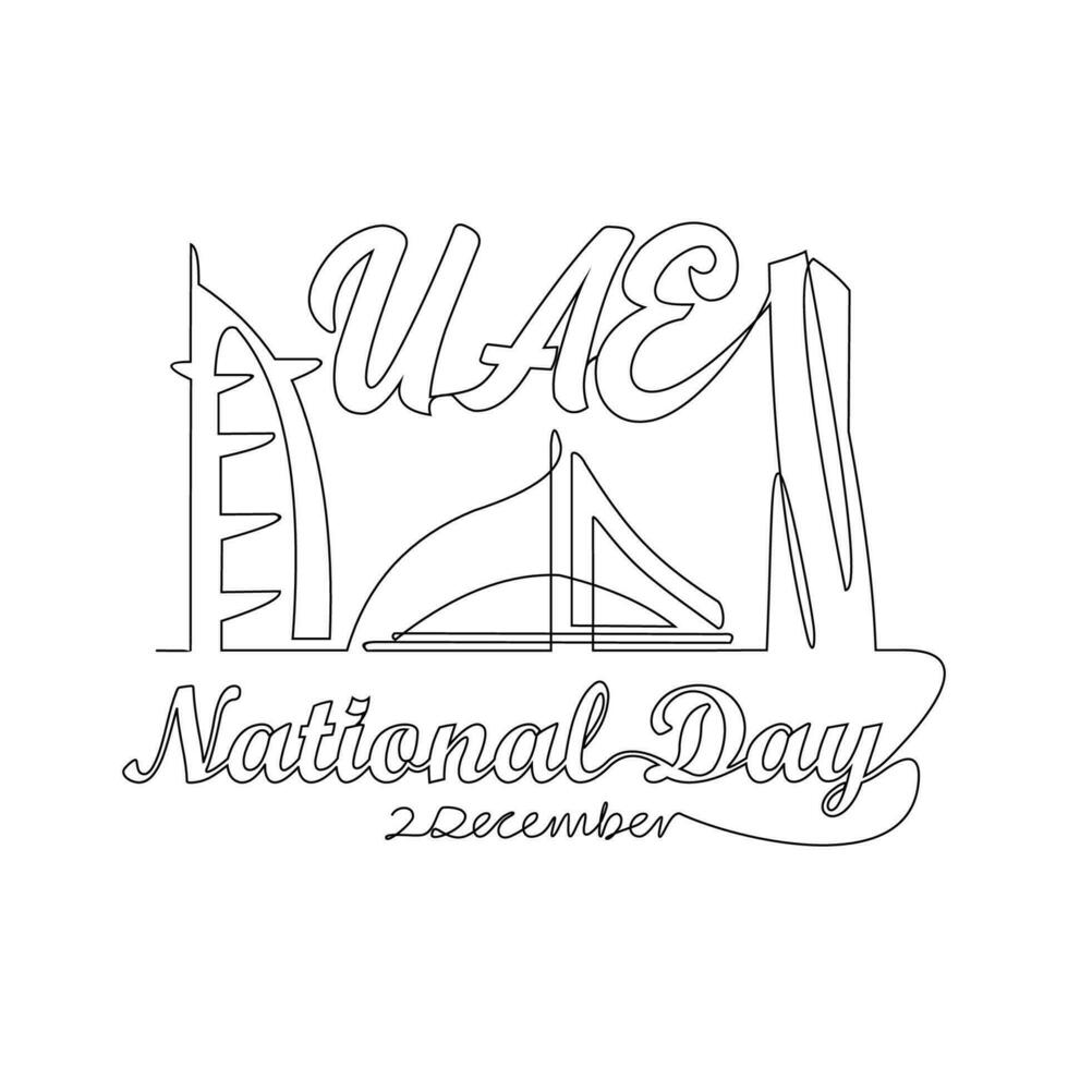 uno continuo línea dibujo de uae nacional dias en diciembre 2do. uae nacional dias diseño en sencillo lineal estilo ilustración. adecuado para saludo tarjeta, póster y bandera. patriótico diseño concepto. vector