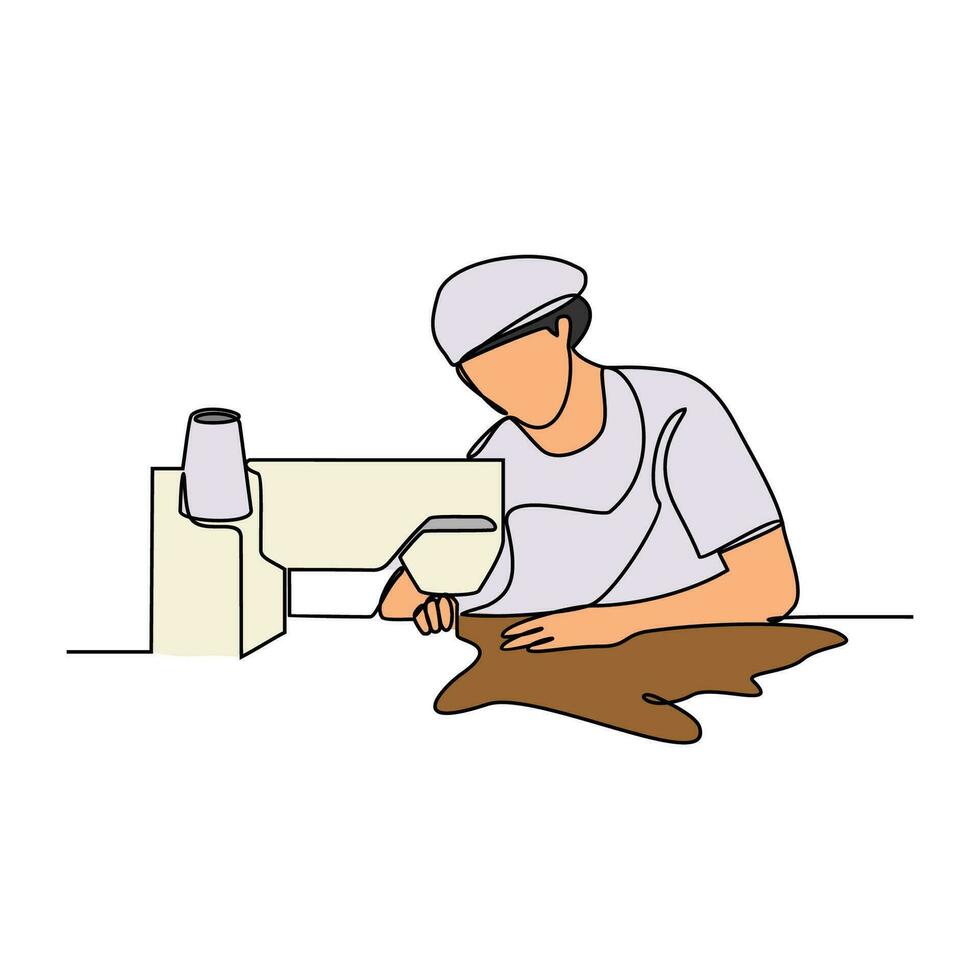 One continuous line drawing of clothing factory working activity with white background. clothing factory working activity design in simple linear style. clothing factory working people design concept vector