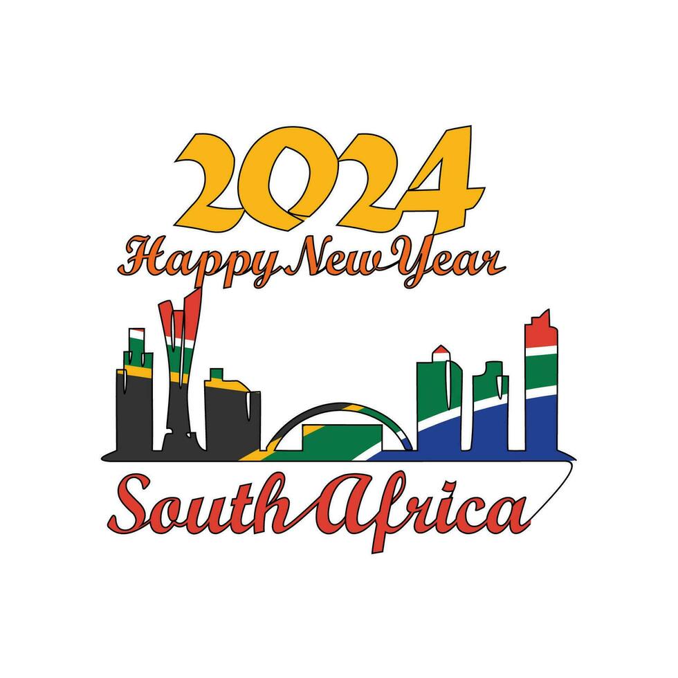 One continuous line drawing of Happy New Year in South Africa. New Year Design with South Africa skyline in simple linear style vector illustration. Suitable for greeting card, poster and banner.