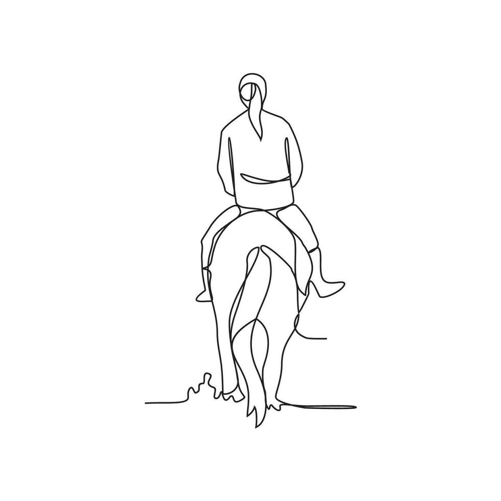 One continuous line drawing of people riding the horse. A jockey is someone who rides a horse in a race. Riding the horse in simple linear style vector illustration. Suitable design for your asset.