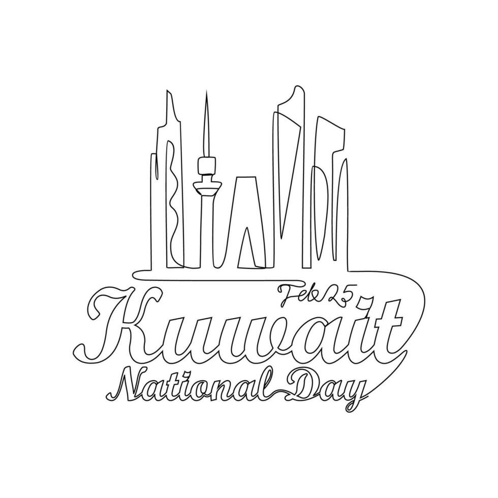 One continuous line drawing of Kuwait National Day Vector Illustration on February 25th. Kuwait National Day design in simple linear style illustration. Suitable for greeting card, poster and banner.