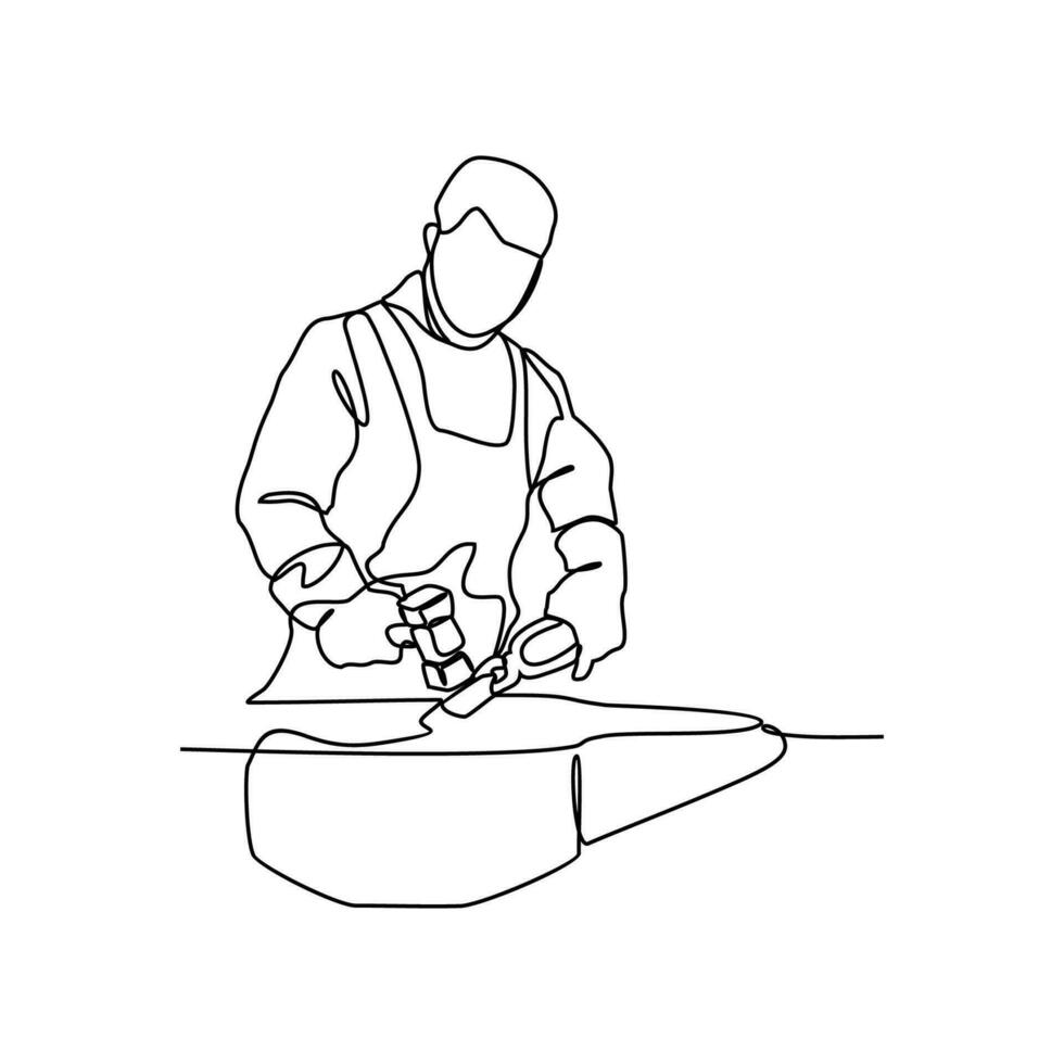 One continuous line drawing of blacksmith working activity with white background. blacksmith working activity design in simple linear style. blacksmith people design concept vector illustration