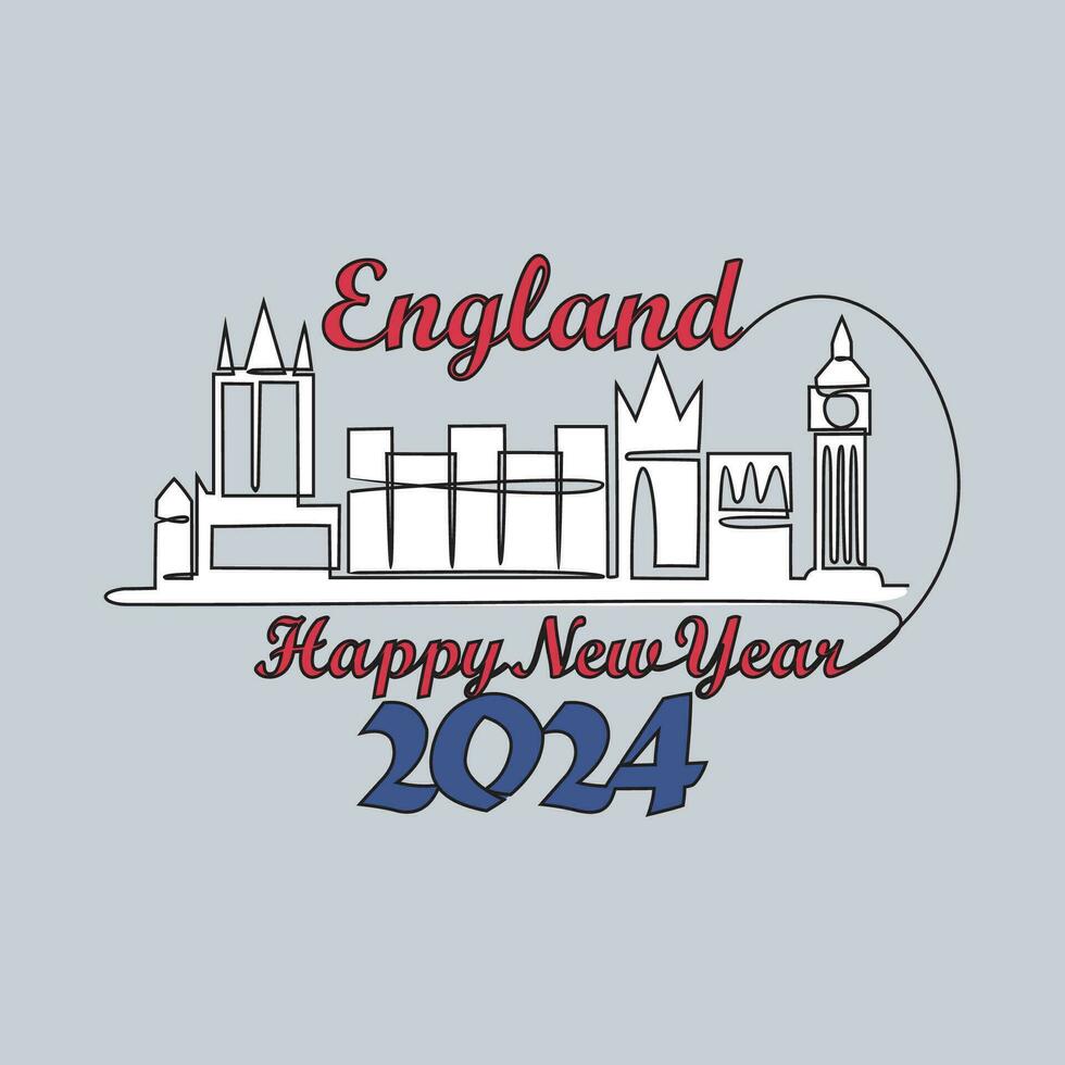 One continuous line drawing of Happy New Year in England with skyline background concept.Happy New Year in England in simple linear style vector illustration. Suitable design for greeting card, poster