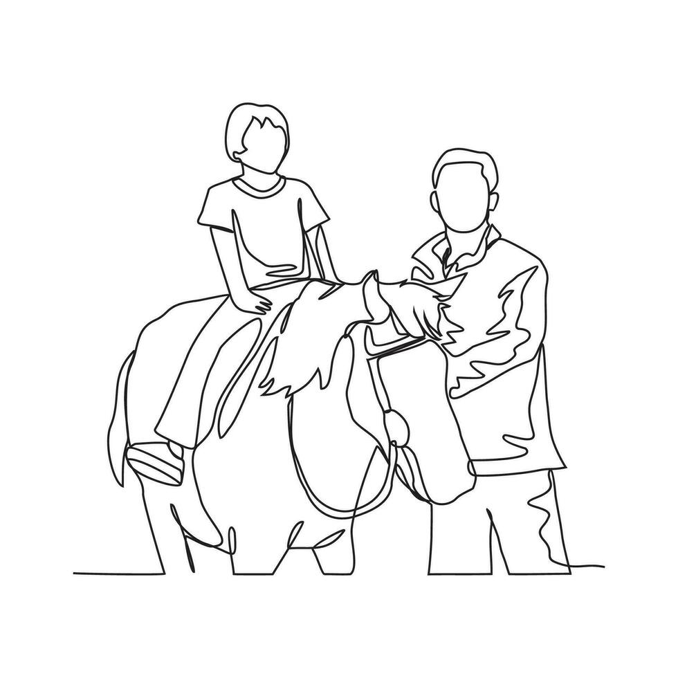 One continuous line drawing of people riding the horse. A jockey is someone who rides a horse in a race. Riding the horse in simple linear style vector illustration. Suitable design for your asset.