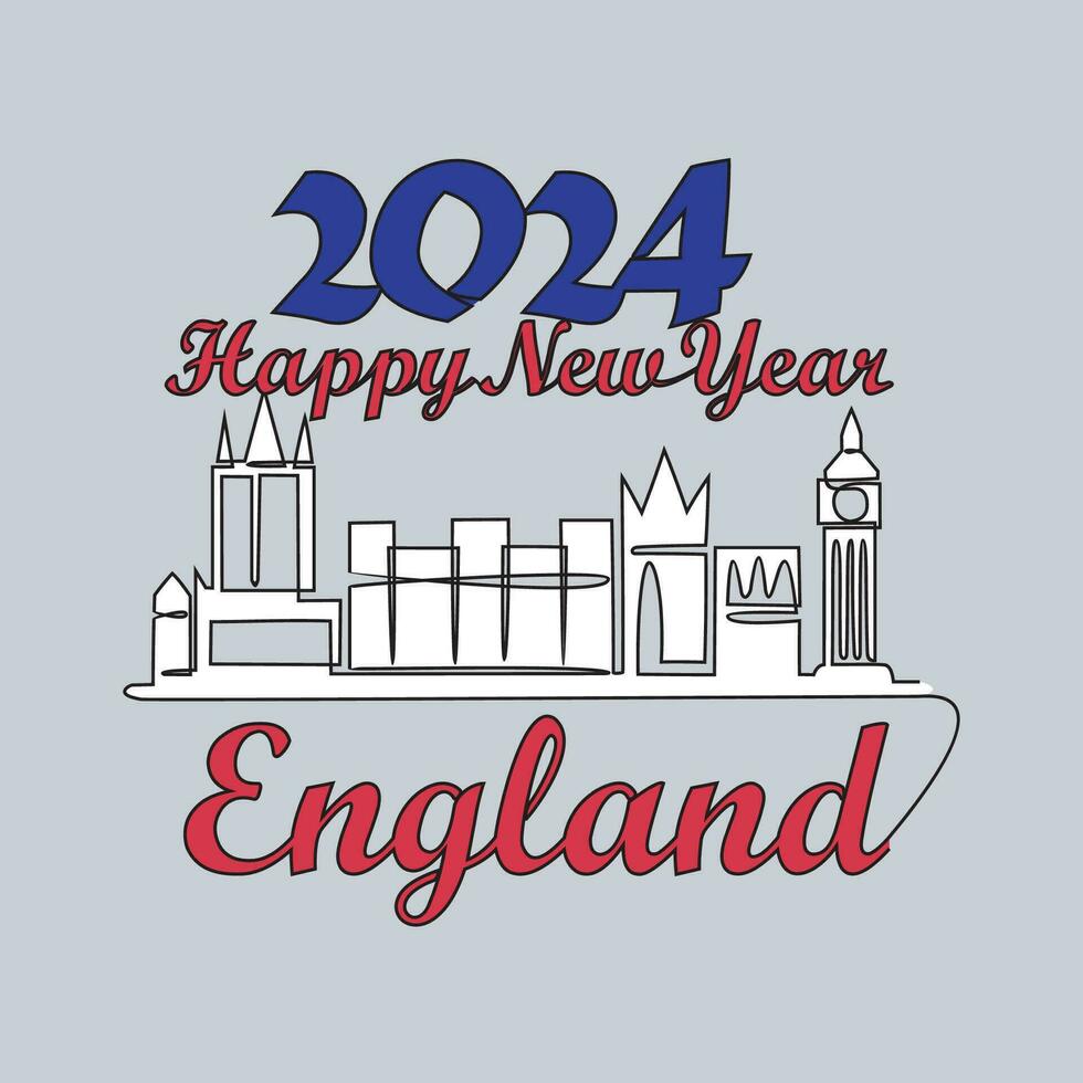 One continuous line drawing of Happy New Year in England with skyline background concept.Happy New Year in England in simple linear style vector illustration. Suitable design for greeting card, poster