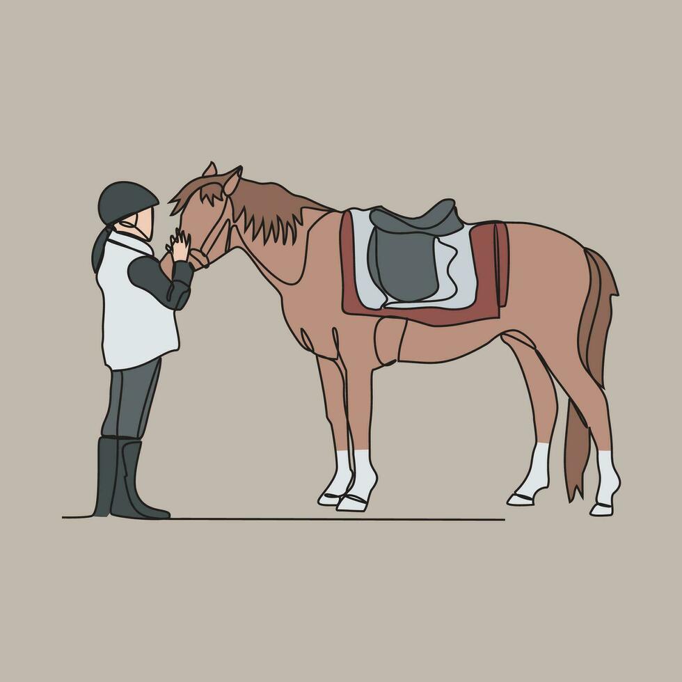 uno continuo línea dibujo de personas montando el caballo. un jockey es alguien quien paseos un caballo en un carrera. montando el caballo en sencillo lineal estilo vector ilustración. adecuado diseño para tu activo.