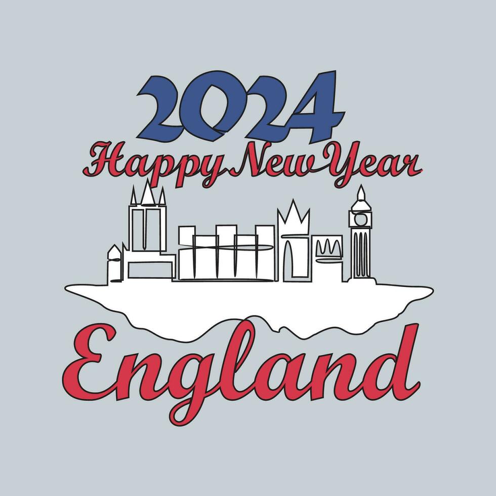 One continuous line drawing of Happy New Year in England with skyline background concept.Happy New Year in England in simple linear style vector illustration. Suitable design for greeting card, poster