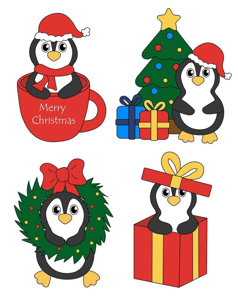Set of cartoon Christmas and New Year Penguin characters. Cute Penguins in cup and in gift box, wreath, Christmas tree. Vector flat illustration.