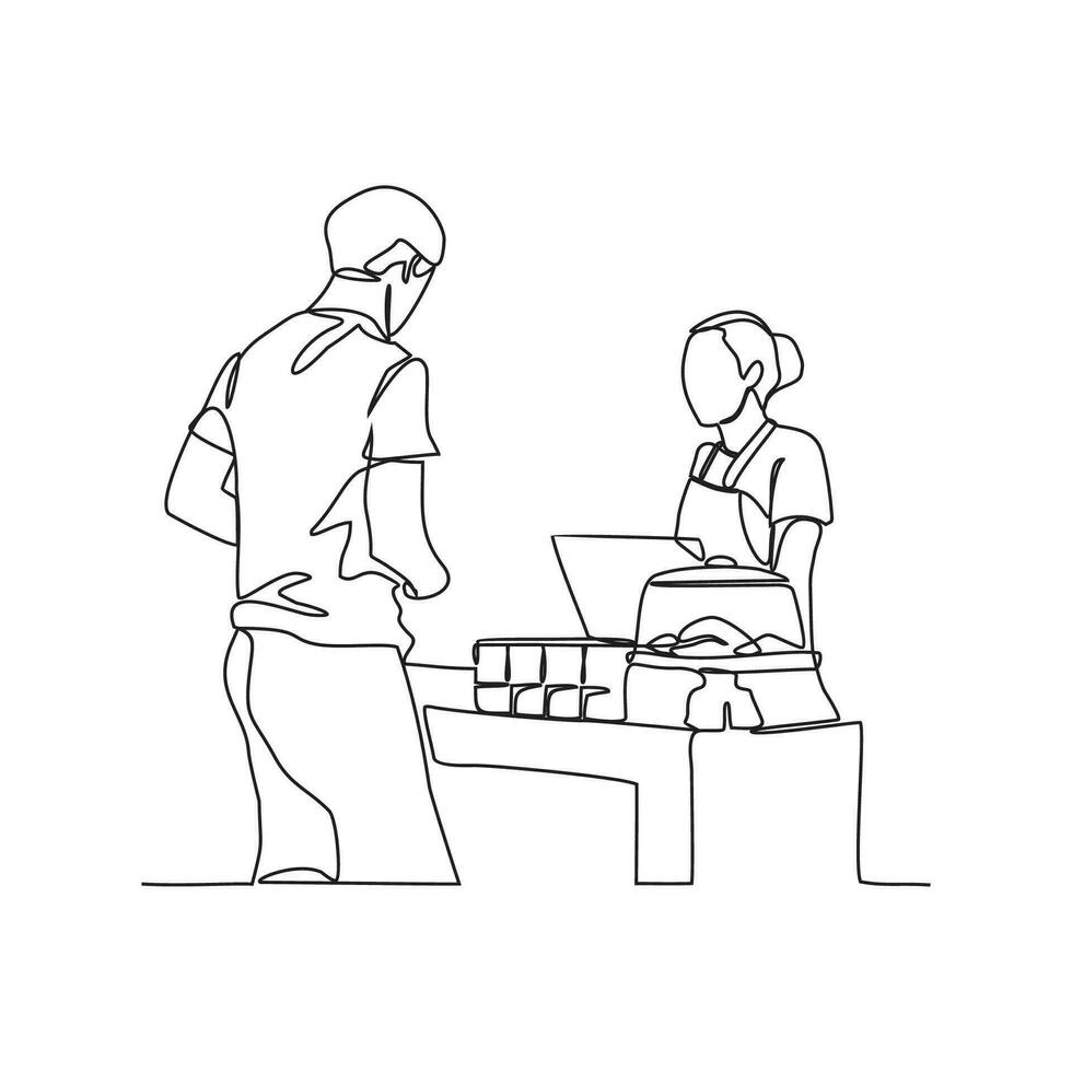 One continuous line drawing of people activity in coffee shop. Coffee shop activity design in simple linear style illustration. vector