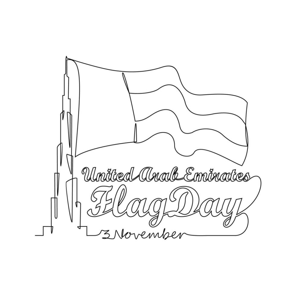 One continuous line drawing of UAE Flag Days on November 3rd. UAE Flag Days design in simple linear style illustration. Suitable for greeting card, poster and banner. Patriotic design concept. vector